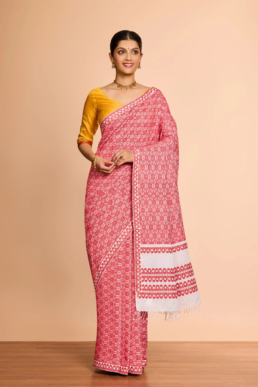 Red Assam Woven Pure Cotton Saree with Unstitched Blouse Piece